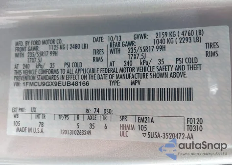 2014 Ford Escape Se z USA, uszkodzony, nr VIN 1FMCU9GX9EUB48166